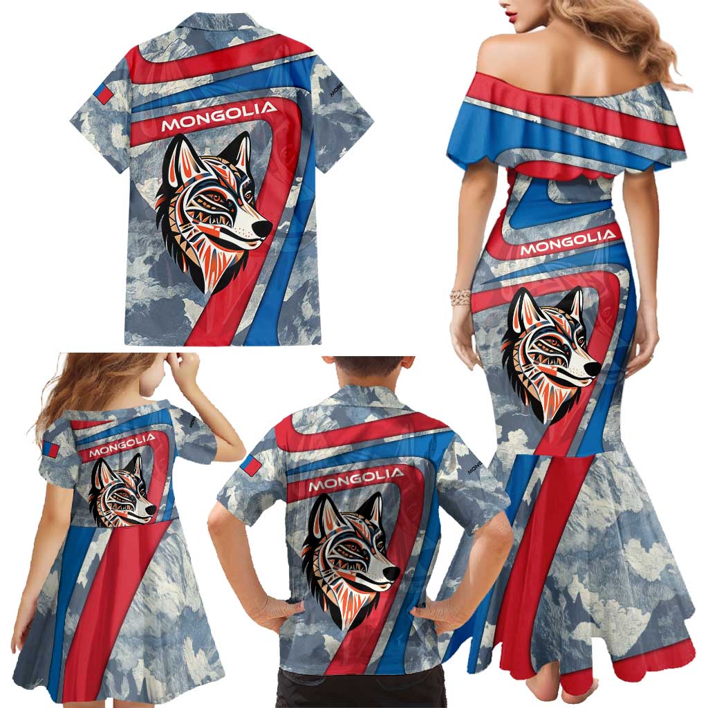Mongolia Family Matching Mermaid Dress and Hawaiian Shirt with Tribal Wolf Clouds Red Blue Flag Spirit