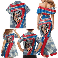 Mongolia Family Matching Mermaid Dress and Hawaiian Shirt with Tribal Wolf Clouds Red Blue Flag Spirit