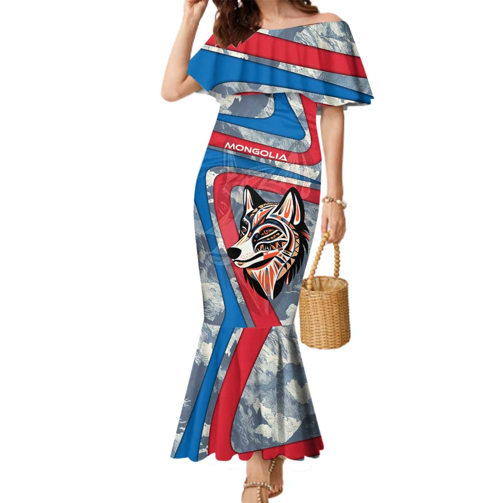 Mongolia Family Matching Mermaid Dress and Hawaiian Shirt with Tribal Wolf Clouds Red Blue Flag Spirit