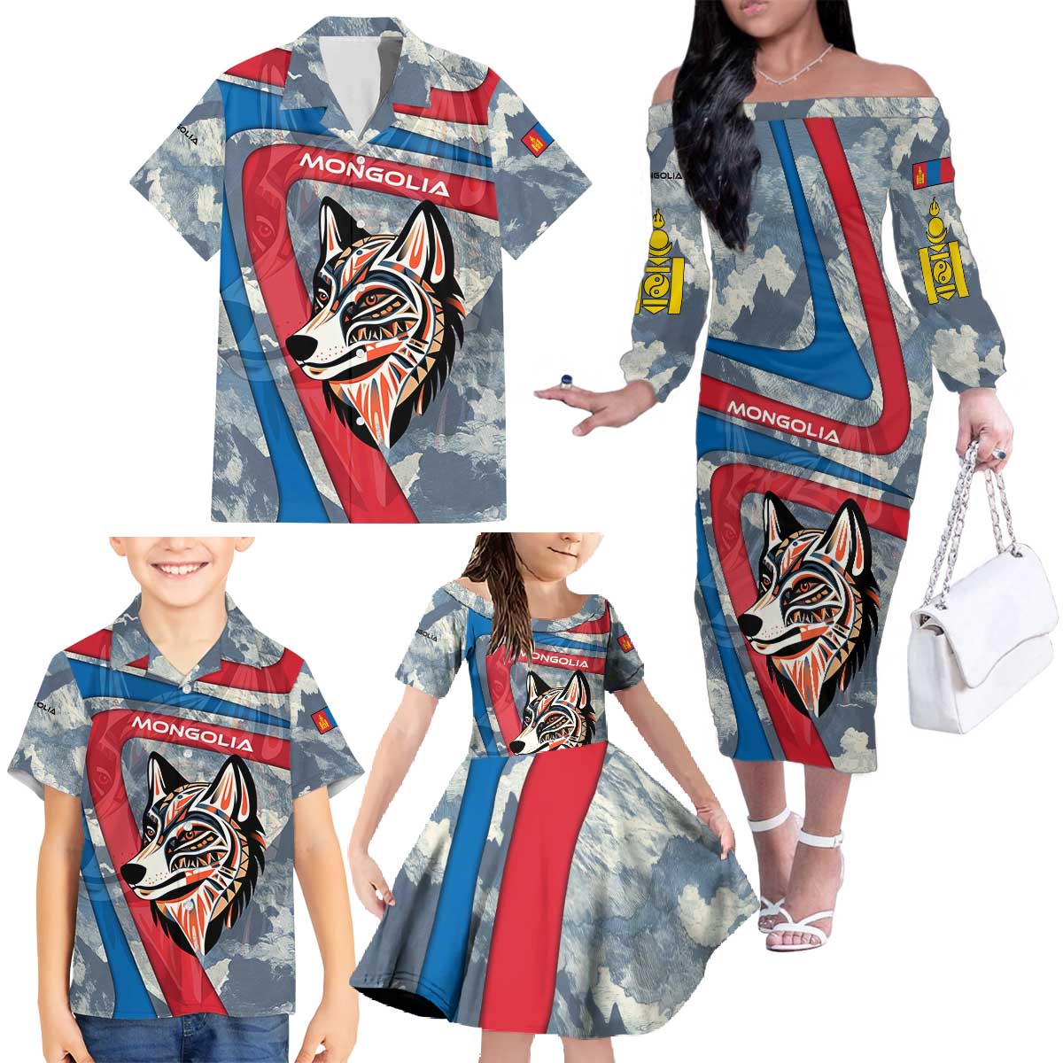 Mongolia Family Matching Off The Shoulder Long Sleeve Dress and Hawaiian Shirt with Tribal Wolf Clouds Red Blue Flag Spirit