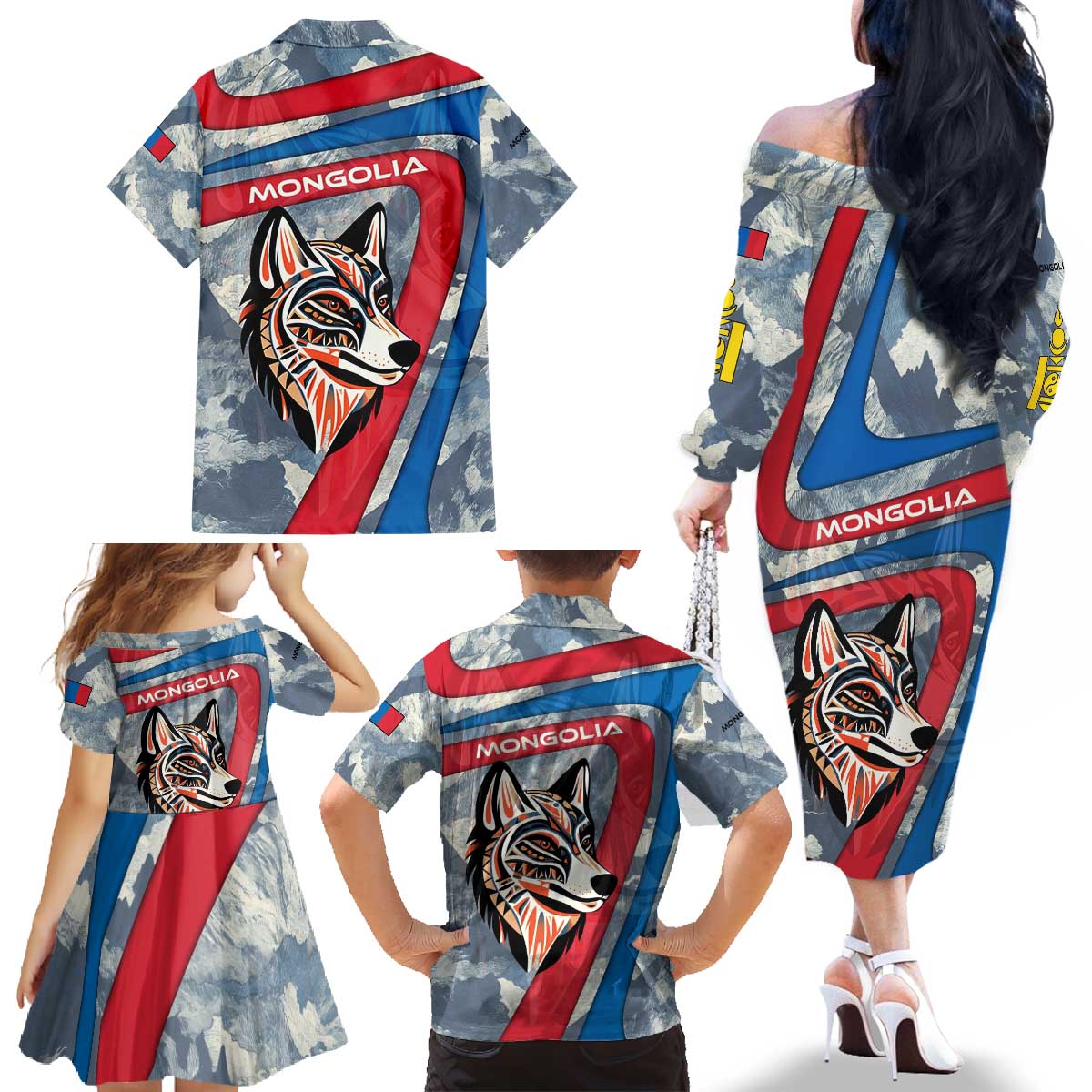 Mongolia Family Matching Off The Shoulder Long Sleeve Dress and Hawaiian Shirt with Tribal Wolf Clouds Red Blue Flag Spirit