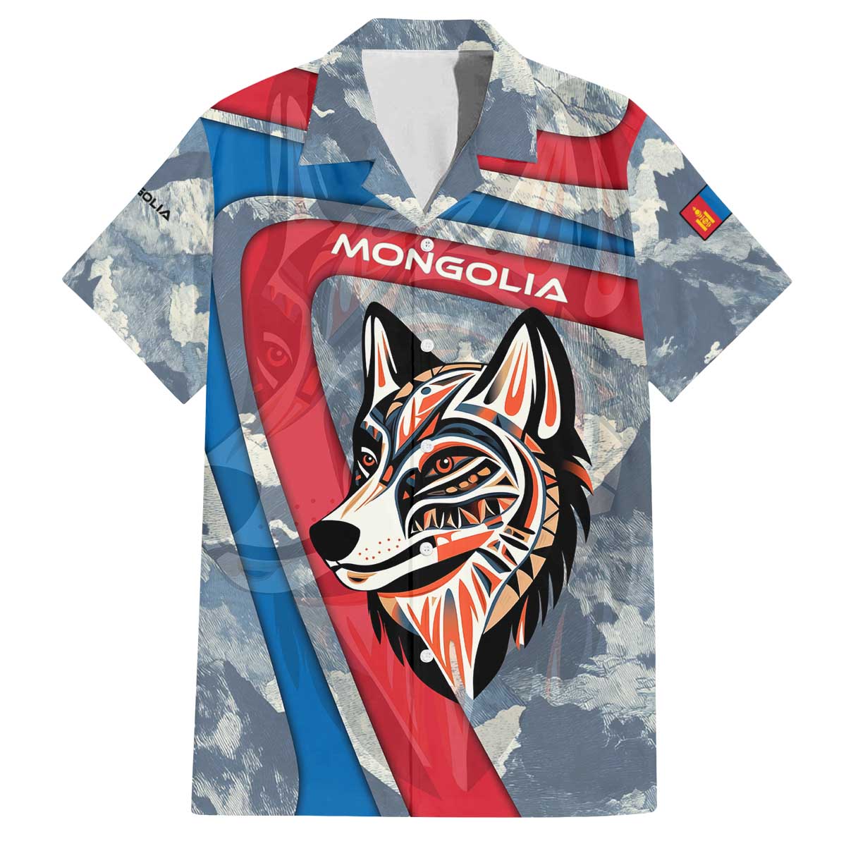 Mongolia Family Matching Off The Shoulder Long Sleeve Dress and Hawaiian Shirt with Tribal Wolf Clouds Red Blue Flag Spirit