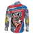 Mongolia Family Matching Off The Shoulder Long Sleeve Dress and Hawaiian Shirt with Tribal Wolf Clouds Red Blue Flag Spirit