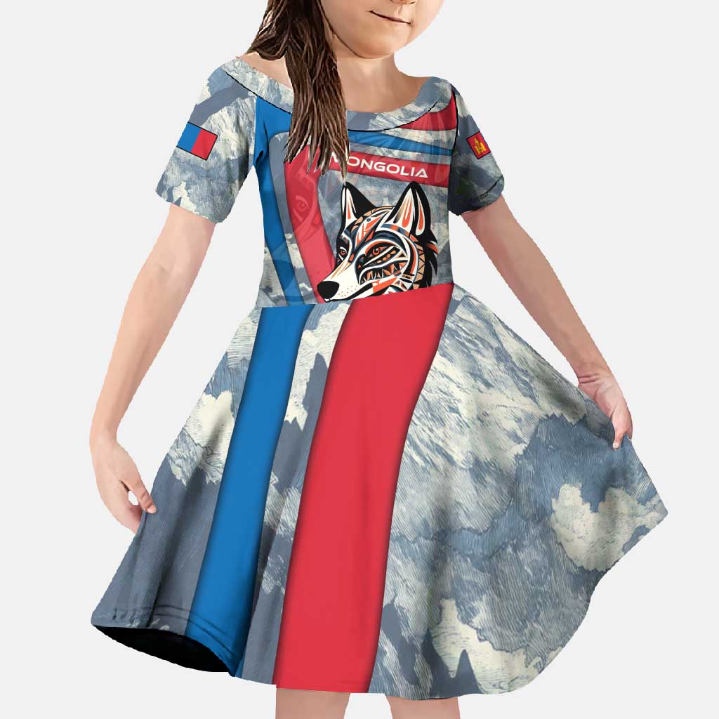 Mongolia Family Matching Off Shoulder Maxi Dress and Hawaiian Shirt with Tribal Wolf Clouds Red Blue Flag Spirit