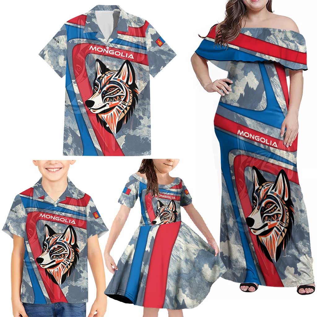 Mongolia Family Matching Off Shoulder Maxi Dress and Hawaiian Shirt with Tribal Wolf Clouds Red Blue Flag Spirit