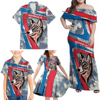 Mongolia Family Matching Off Shoulder Maxi Dress and Hawaiian Shirt with Tribal Wolf Clouds Red Blue Flag Spirit