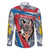 Mongolia Family Matching Off Shoulder Maxi Dress and Hawaiian Shirt with Tribal Wolf Clouds Red Blue Flag Spirit