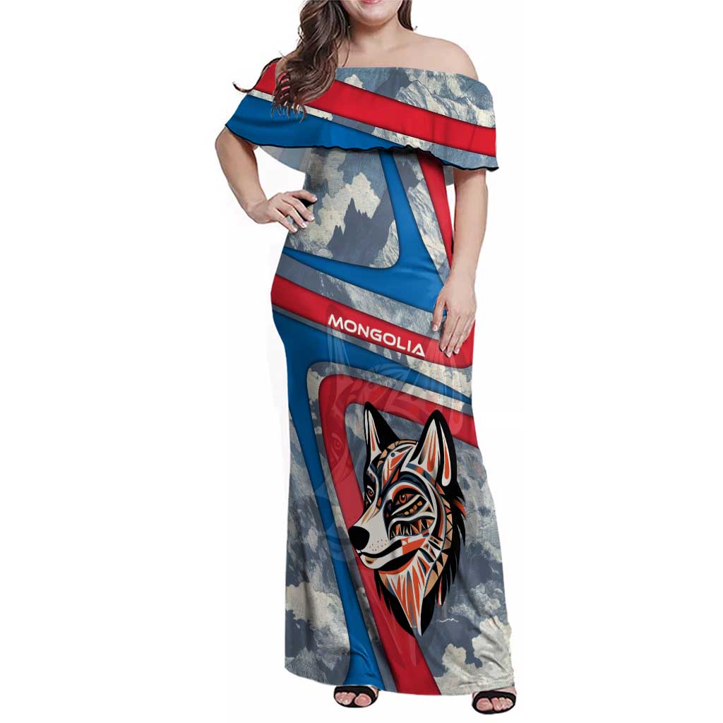 Mongolia Family Matching Off Shoulder Maxi Dress and Hawaiian Shirt with Tribal Wolf Clouds Red Blue Flag Spirit