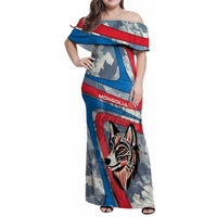 Mongolia Family Matching Off Shoulder Maxi Dress and Hawaiian Shirt with Tribal Wolf Clouds Red Blue Flag Spirit