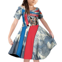 Mongolia Family Matching Off Shoulder Short Dress and Hawaiian Shirt with Tribal Wolf Clouds Red Blue Flag Spirit