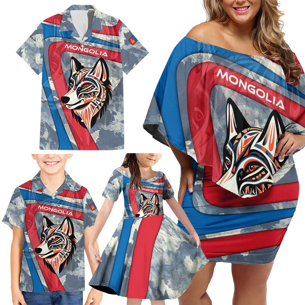 Mongolia Family Matching Off Shoulder Short Dress and Hawaiian Shirt with Tribal Wolf Clouds Red Blue Flag Spirit