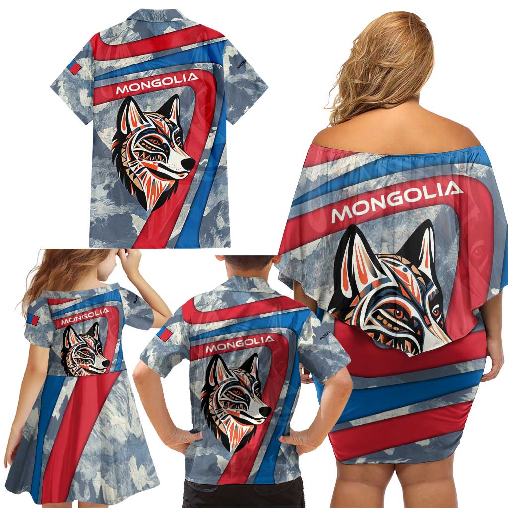 Mongolia Family Matching Off Shoulder Short Dress and Hawaiian Shirt with Tribal Wolf Clouds Red Blue Flag Spirit