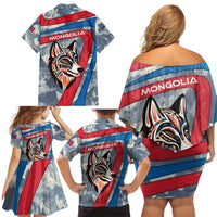 Mongolia Family Matching Off Shoulder Short Dress and Hawaiian Shirt with Tribal Wolf Clouds Red Blue Flag Spirit