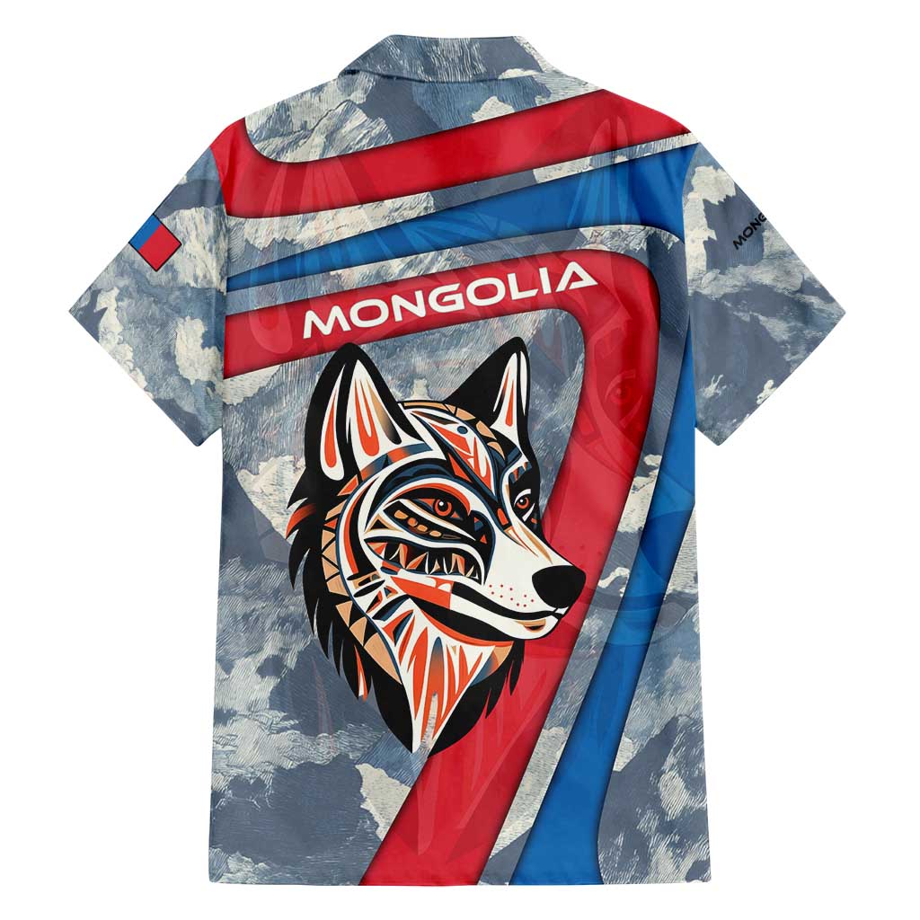 Mongolia Family Matching Off Shoulder Short Dress and Hawaiian Shirt with Tribal Wolf Clouds Red Blue Flag Spirit