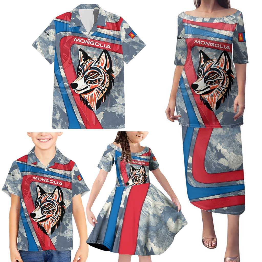 Mongolia Family Matching Puletasi and Hawaiian Shirt with Tribal Wolf Clouds Red Blue Flag Spirit