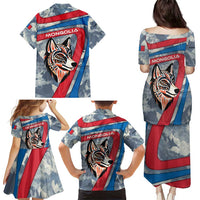 Mongolia Family Matching Puletasi and Hawaiian Shirt with Tribal Wolf Clouds Red Blue Flag Spirit