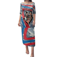 Mongolia Family Matching Puletasi and Hawaiian Shirt with Tribal Wolf Clouds Red Blue Flag Spirit