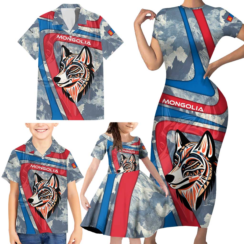 Mongolia Family Matching Short Sleeve Bodycon Dress and Hawaiian Shirt with Tribal Wolf Clouds Red Blue Flag Spirit