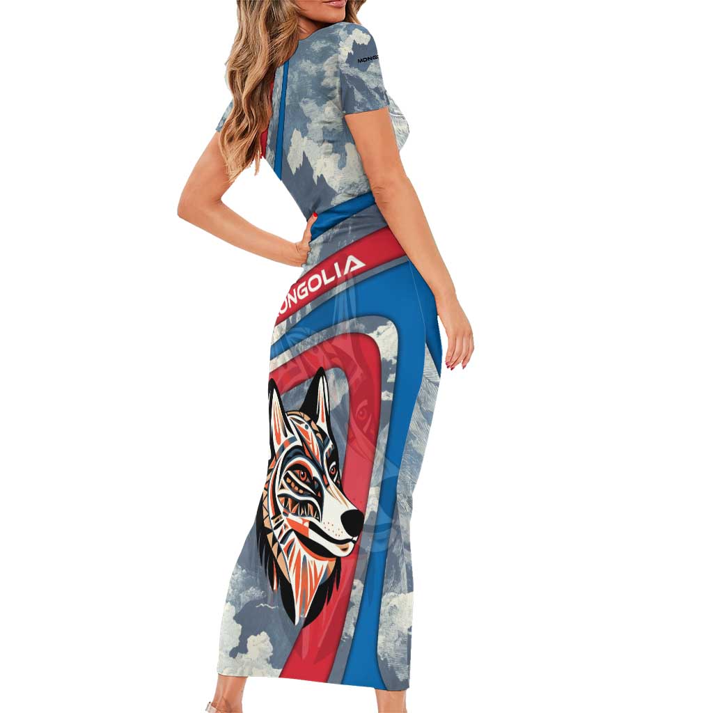 Mongolia Family Matching Short Sleeve Bodycon Dress and Hawaiian Shirt with Tribal Wolf Clouds Red Blue Flag Spirit