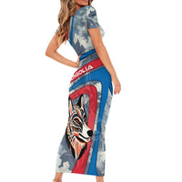 Mongolia Family Matching Short Sleeve Bodycon Dress and Hawaiian Shirt with Tribal Wolf Clouds Red Blue Flag Spirit