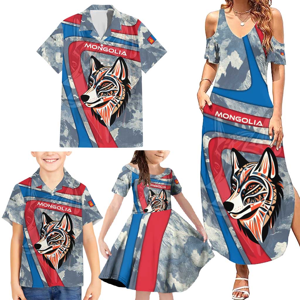 Mongolia Family Matching Summer Maxi Dress and Hawaiian Shirt with Tribal Wolf Clouds Red Blue Flag Spirit