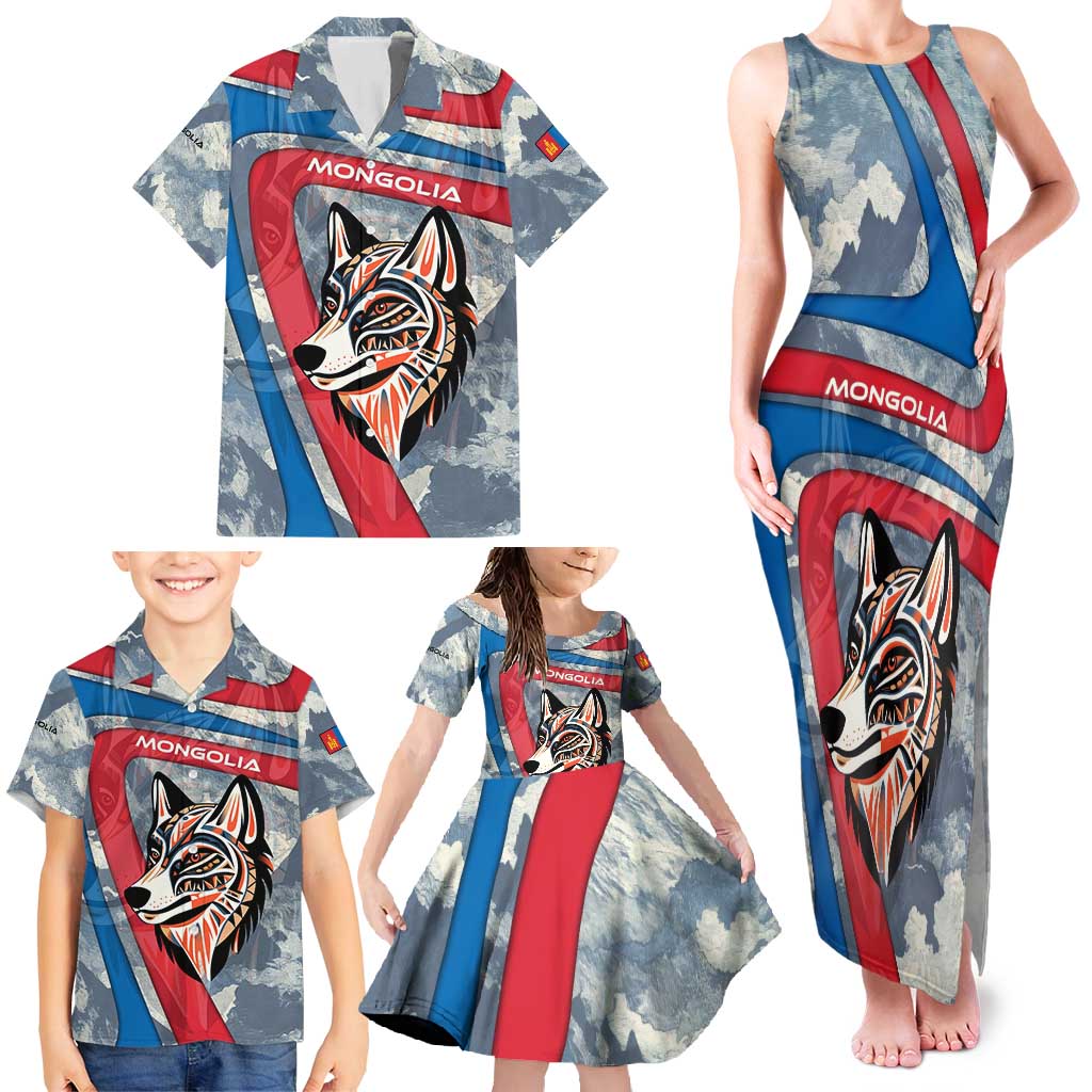 Mongolia Family Matching Tank Maxi Dress and Hawaiian Shirt with Tribal Wolf Clouds Red Blue Flag Spirit
