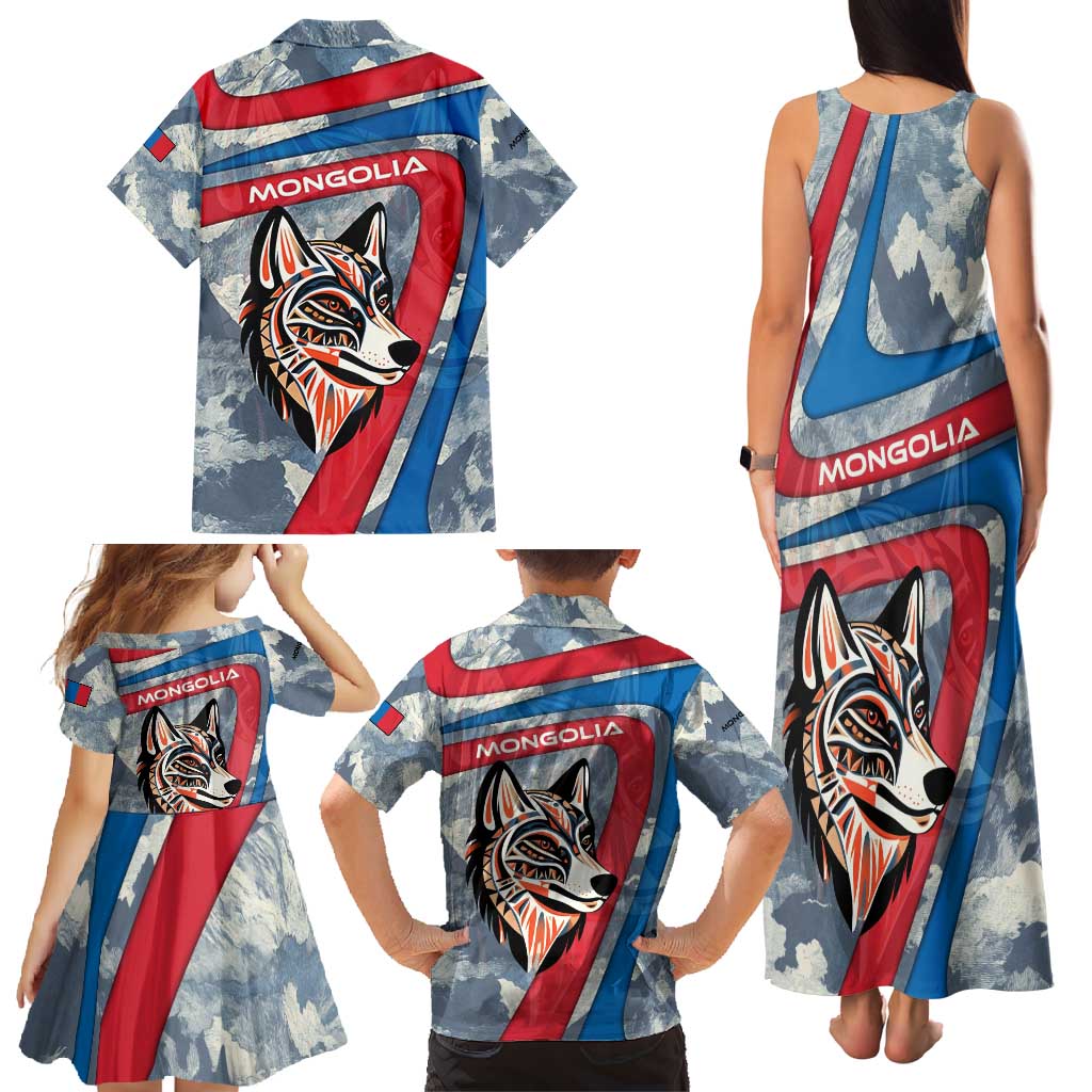 Mongolia Family Matching Tank Maxi Dress and Hawaiian Shirt with Tribal Wolf Clouds Red Blue Flag Spirit