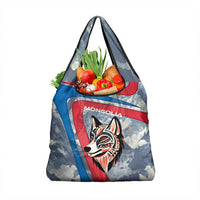 Mongolia Grocery Bag with Tribal Wolf Clouds Red Blue Flag Spirit