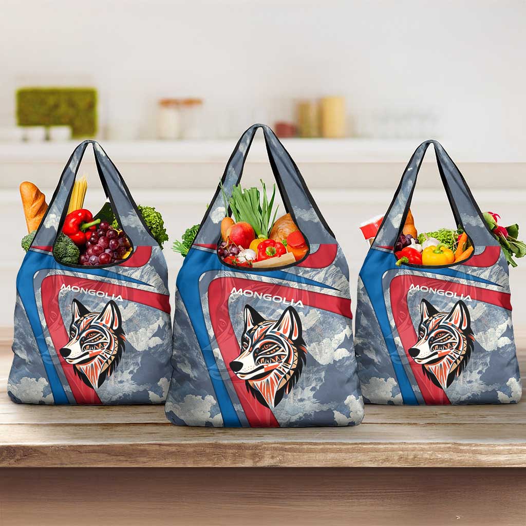Mongolia Grocery Bag with Tribal Wolf Clouds Red Blue Flag Spirit