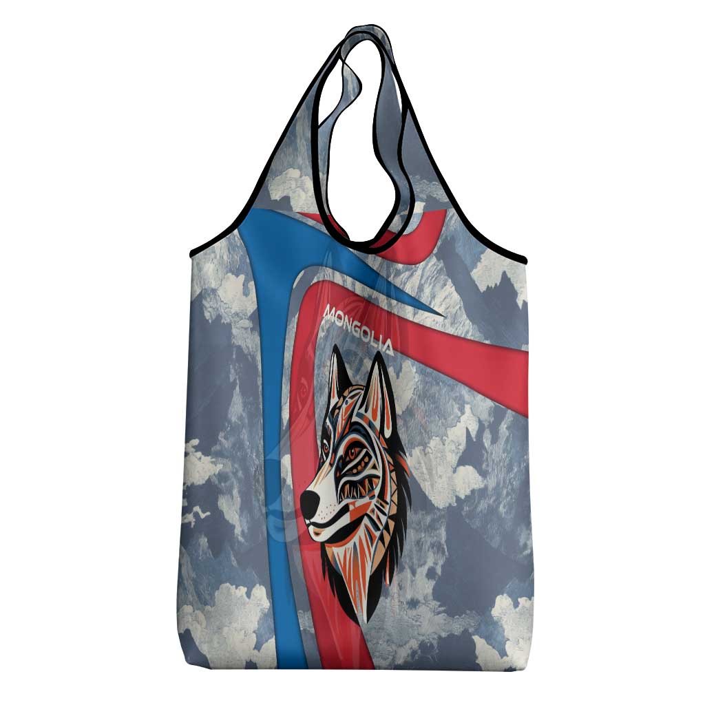 Mongolia Grocery Bag with Tribal Wolf Clouds Red Blue Flag Spirit