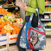 Mongolia Grocery Bag with Tribal Wolf Clouds Red Blue Flag Spirit