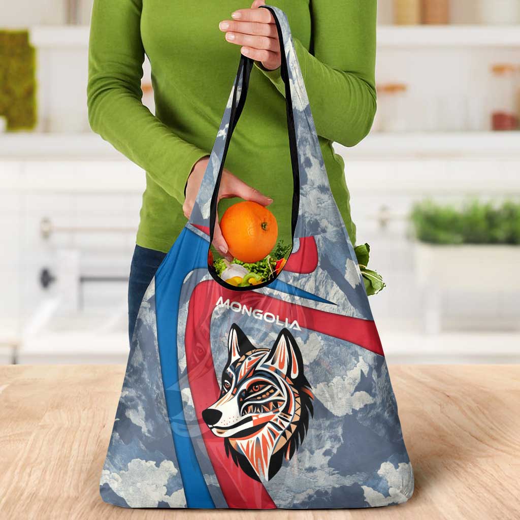 Mongolia Grocery Bag with Tribal Wolf Clouds Red Blue Flag Spirit