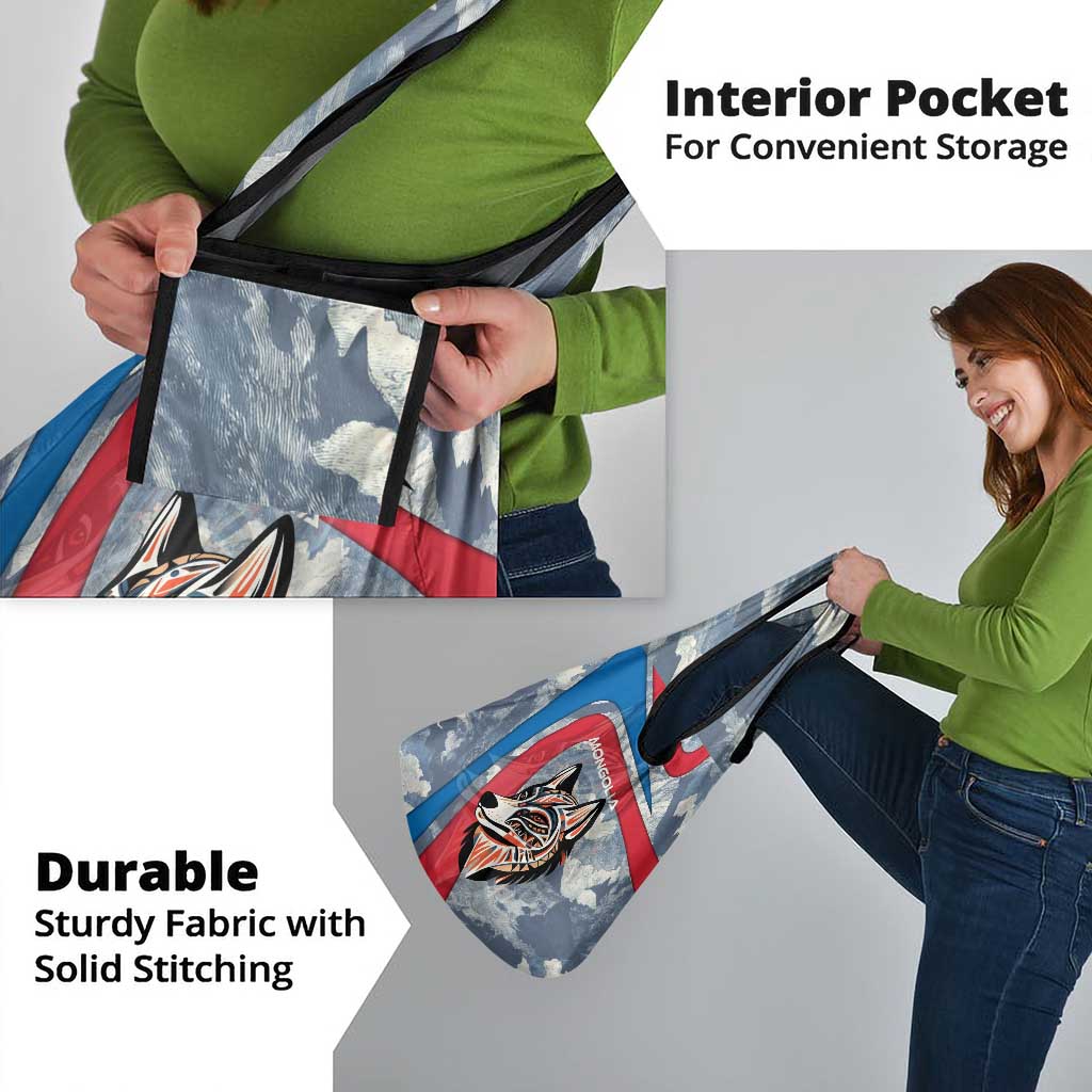 Mongolia Grocery Bag with Tribal Wolf Clouds Red Blue Flag Spirit