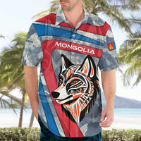 Mongolia Hawaiian Shirt with Tribal Wolf Clouds Red Blue Flag Spirit