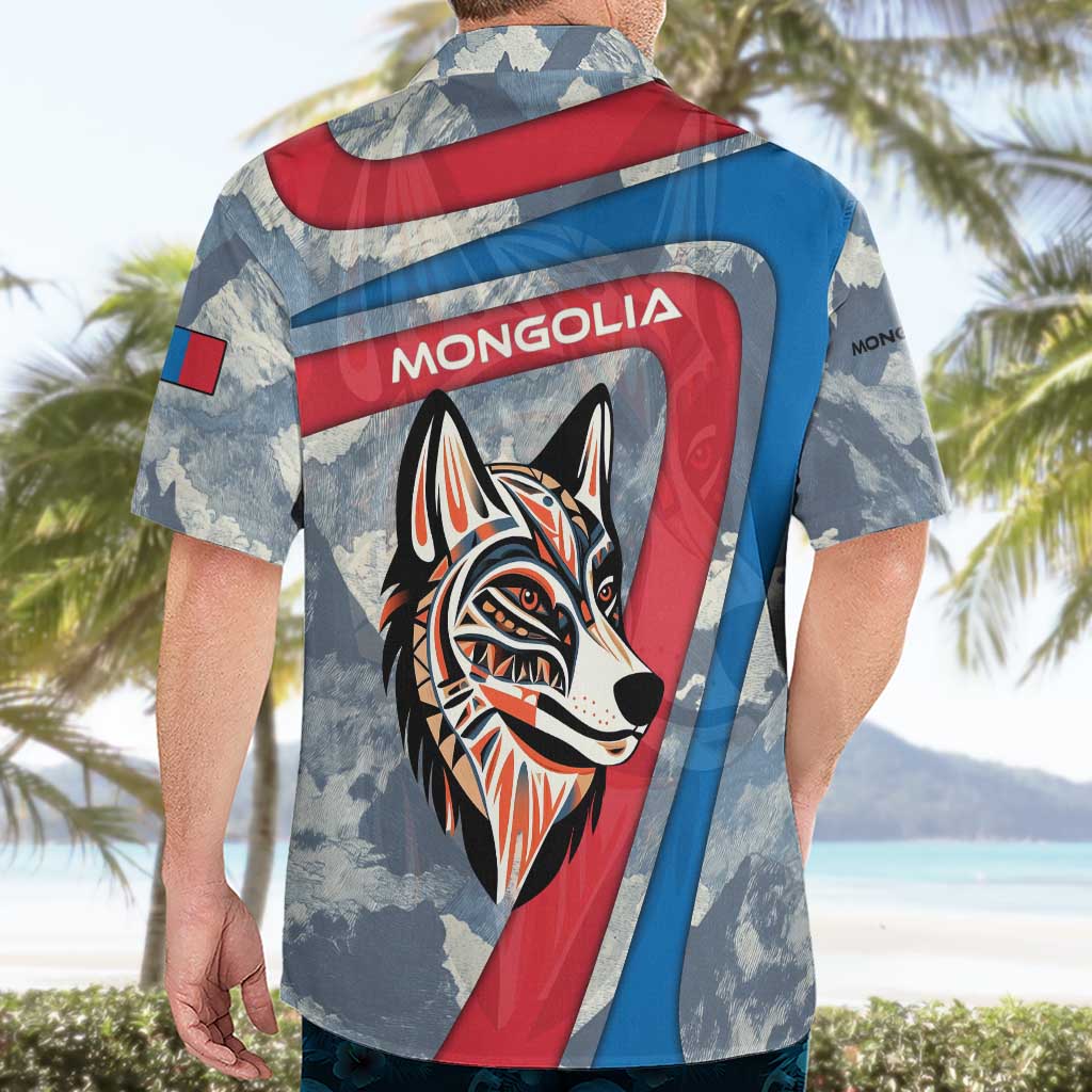 Mongolia Hawaiian Shirt with Tribal Wolf Clouds Red Blue Flag Spirit