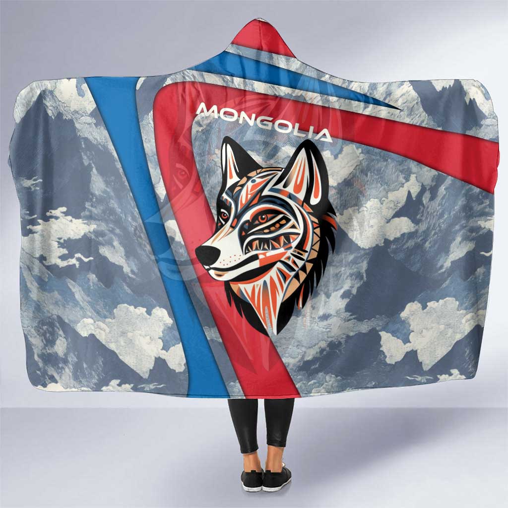 Mongolia Hooded Blanket with Tribal Wolf Clouds Red Blue Flag Spirit