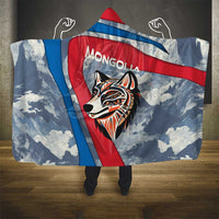 Mongolia Hooded Blanket with Tribal Wolf Clouds Red Blue Flag Spirit