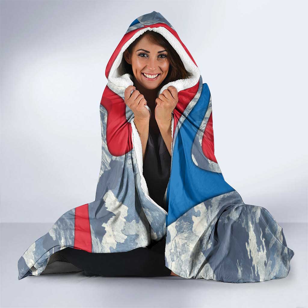 Mongolia Hooded Blanket with Tribal Wolf Clouds Red Blue Flag Spirit