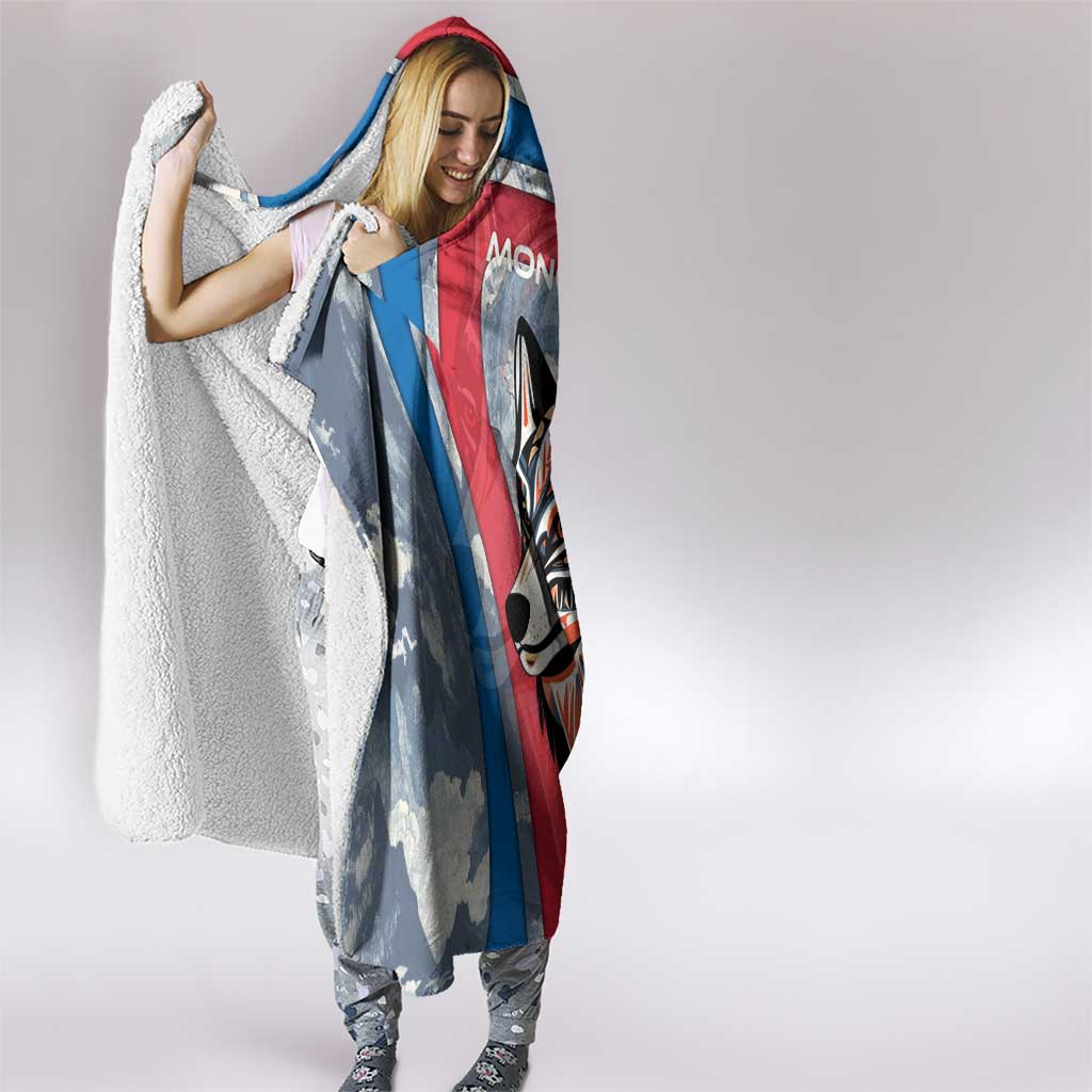Mongolia Hooded Blanket with Tribal Wolf Clouds Red Blue Flag Spirit