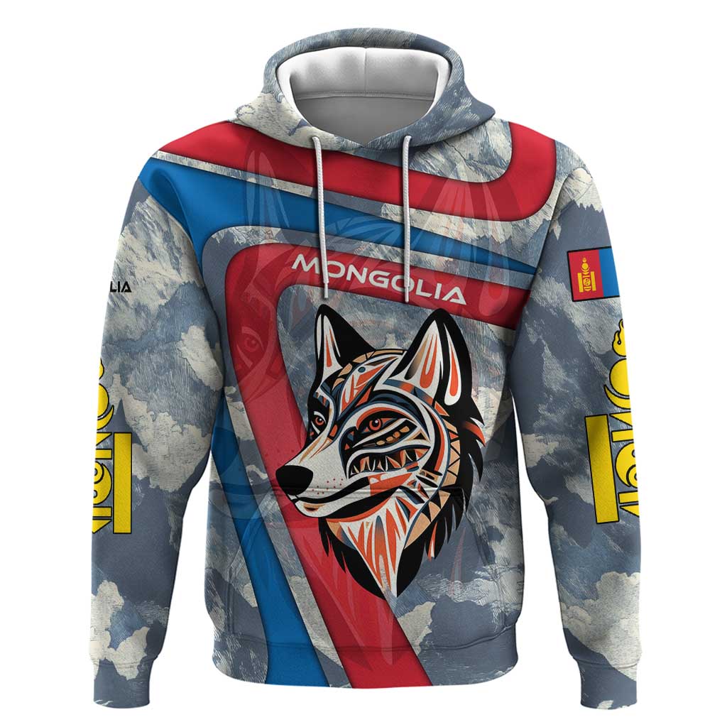 Mongolia Hoodie with Tribal Wolf Clouds Red Blue Flag Spirit