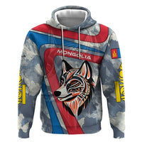 Mongolia Hoodie with Tribal Wolf Clouds Red Blue Flag Spirit