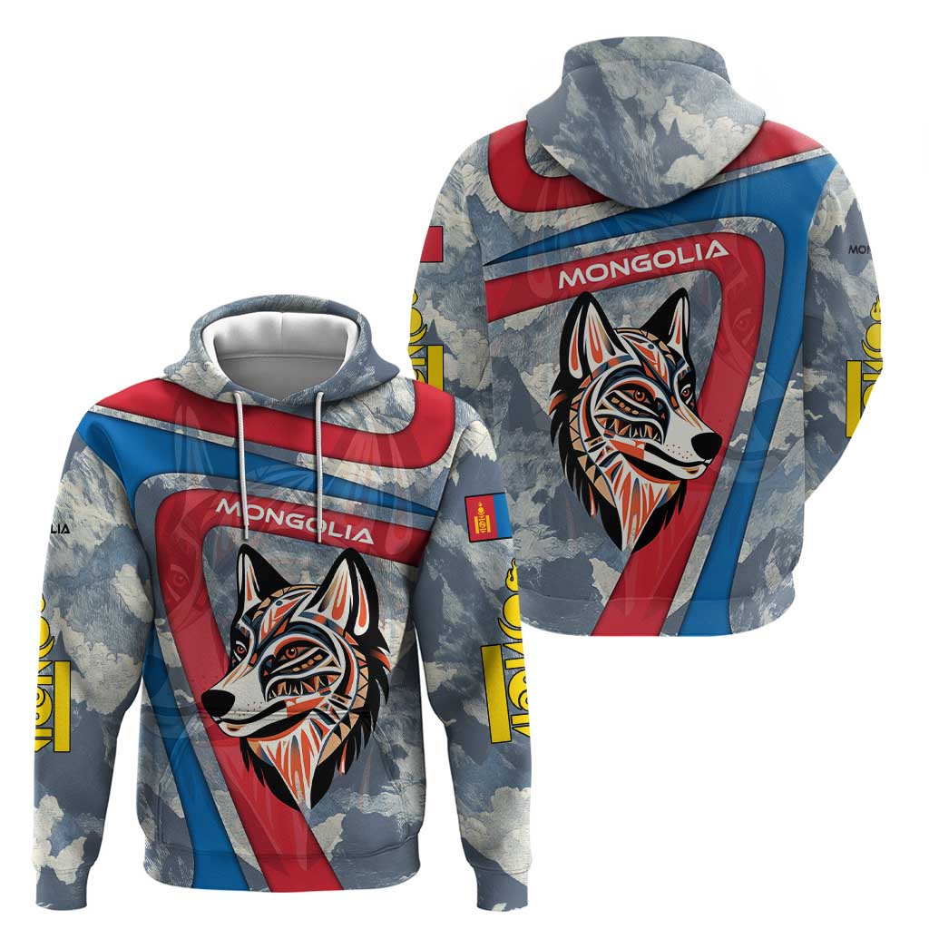 Mongolia Hoodie with Tribal Wolf Clouds Red Blue Flag Spirit