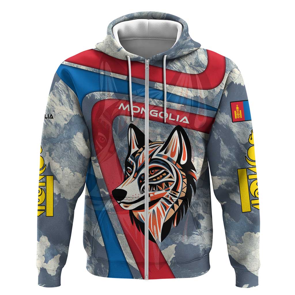 Mongolia Hoodie with Tribal Wolf Clouds Red Blue Flag Spirit