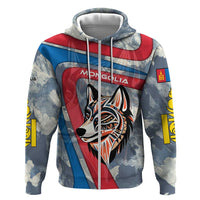 Mongolia Hoodie with Tribal Wolf Clouds Red Blue Flag Spirit