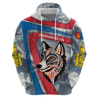 Mongolia Hoodie with Tribal Wolf Clouds Red Blue Flag Spirit