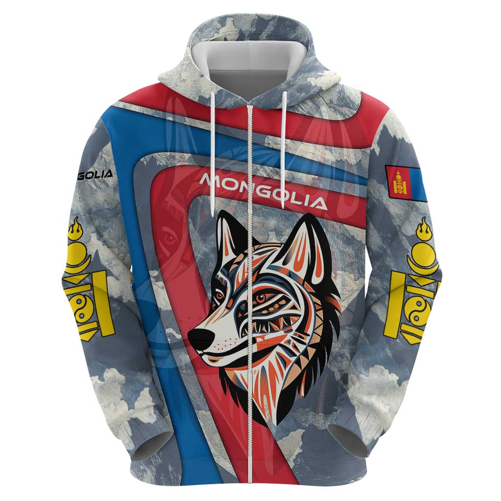 Mongolia Hoodie with Tribal Wolf Clouds Red Blue Flag Spirit