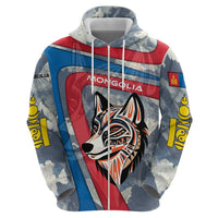 Mongolia Hoodie with Tribal Wolf Clouds Red Blue Flag Spirit