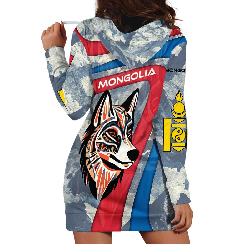 Mongolia Hoodie Dress with Tribal Wolf Clouds Red Blue Flag Spirit