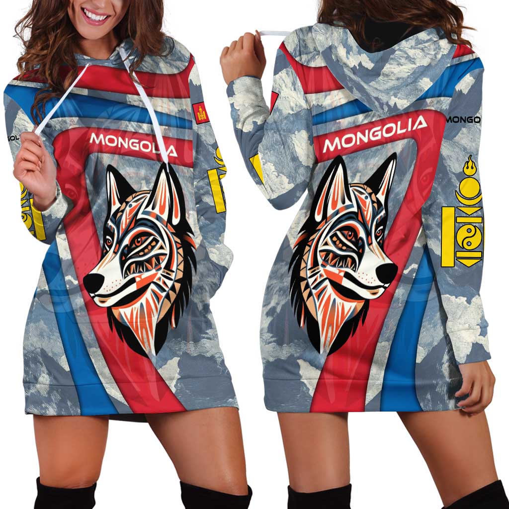 Mongolia Hoodie Dress with Tribal Wolf Clouds Red Blue Flag Spirit