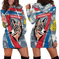 Mongolia Hoodie Dress with Tribal Wolf Clouds Red Blue Flag Spirit